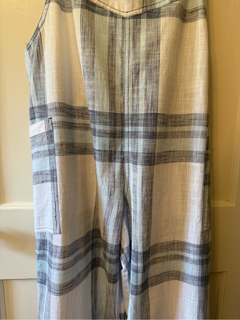 Aerie Blue & White Plaid Cotton Linen Feel Overalls - Picture 4 of 11